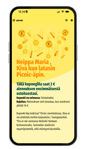 Esimerkki automaattisesta tervetulopolusta: personoitu mobiilietukuponki Picnic-sovelluksessa, joka on suunniteltu aktivoimaan uudet kanta-asiakkaat välittömästi liittymisen jälkeen.