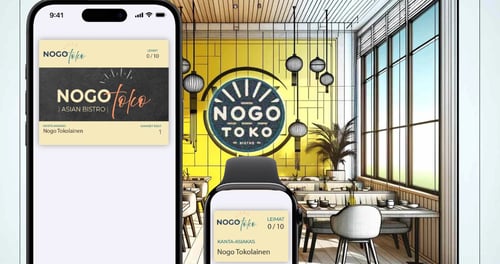 Älypuhelin ja älykello, joiden näytöillä näkyy Nogo Toko Asian Bistron keltainen digitaalinen lounaspassi, ja taustalla on moderni ravintolan salitila keltaisella seinällä.