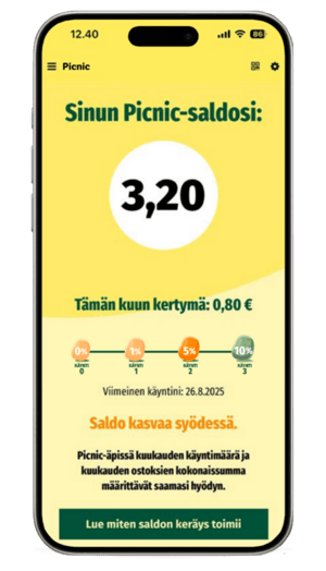 Älypuhelin, jossa on Picnic-ketjun digitaalinen bonusohjelma ja kertynyt pistesaldo.