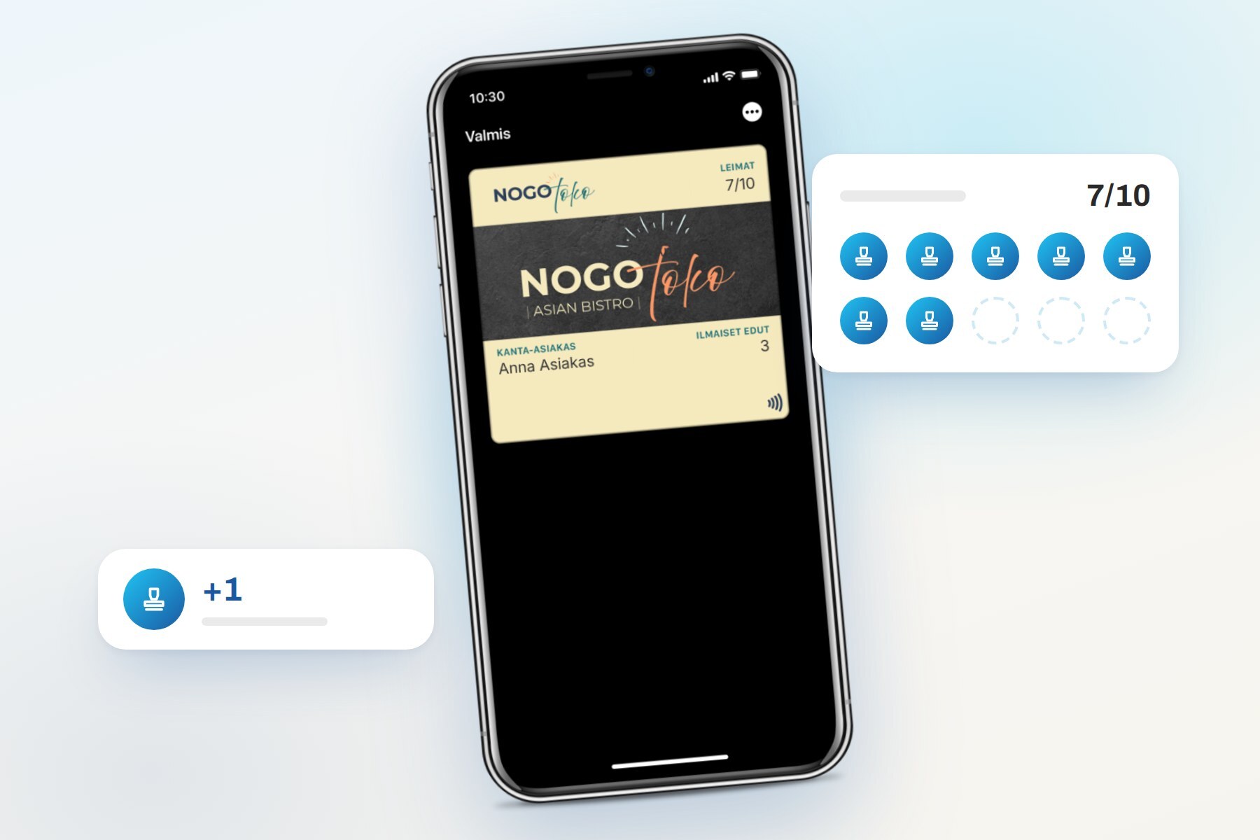 Nogo Toko digital stamp card on a phone, seven of ten stamps collected
