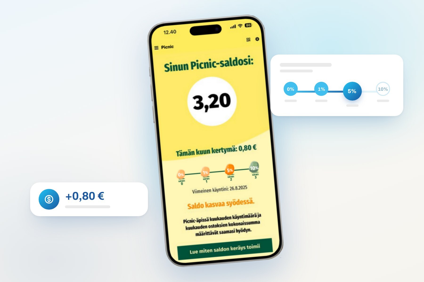 Picnic bonus program on a phone, showing balance and bonus tiers