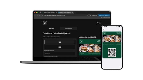 Robert’s Coffeelle toteutettu digitaalinen lahjakorttikauppa tietokoneen ruudulla ja mobiililahjakortti älypuhelimessa.