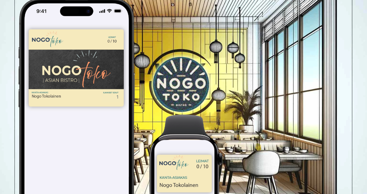 Älypuhelin ja älykello, joiden näytöillä näkyy Nogo Toko Asian Bistron keltainen digitaalinen lounaspassi, ja taustalla on moderni ravintolan salitila keltaisella seinällä.