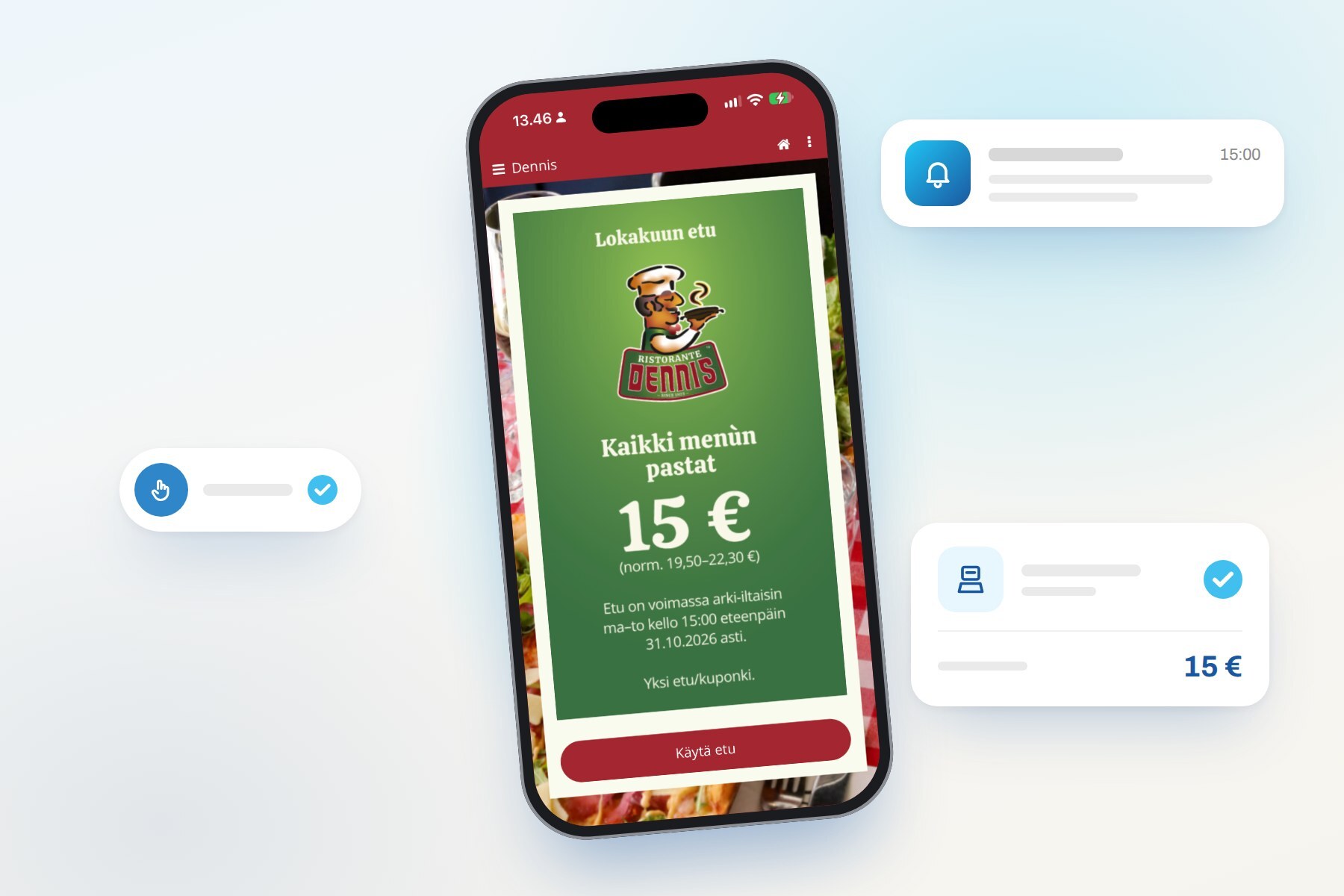 Dennisin kuponki etenee push-ilmoituksesta lunastukseen kassalla EN: A Dennis coupon journey from push notification to redemption at the checkout