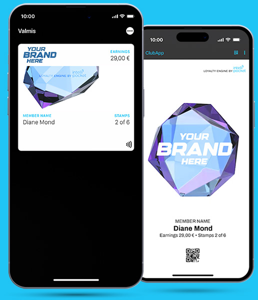 Kuvallinen demo kahdesta älypuhelimesta, jotka esittävät digitaalista kanta-asiakaskorttia (ClubCard Walletissa ja ClubAppissa). Sisältää esimerkin jäsen- ja leimatiedoista.