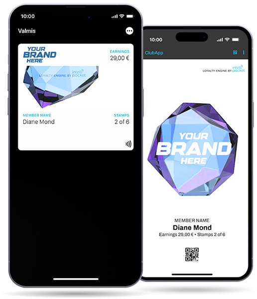 Kuvallinen demo kahdesta älypuhelimesta, jotka esittävät digitaalista kanta-asiakaskorttia (ClubCard Walletissa ja ClubAppissa). Sisältää esimerkin jäsen- ja leimatiedoista. Kuvallinen demo kahdesta älypuhelimesta, jotka esittävät digitaalista kanta-asiakaskorttia (ClubCard Walletissa ja ClubAppissa). Sisältää esimerkin jäsen- ja leimatiedoista.